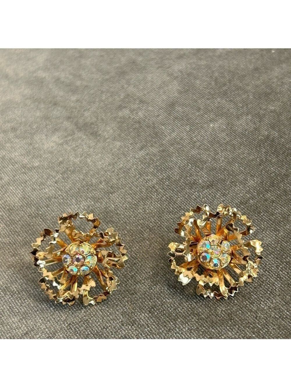 Sarah Coventry Allusion Flower AB Rhinestone Clip On Earrings Gold Tone 1960s